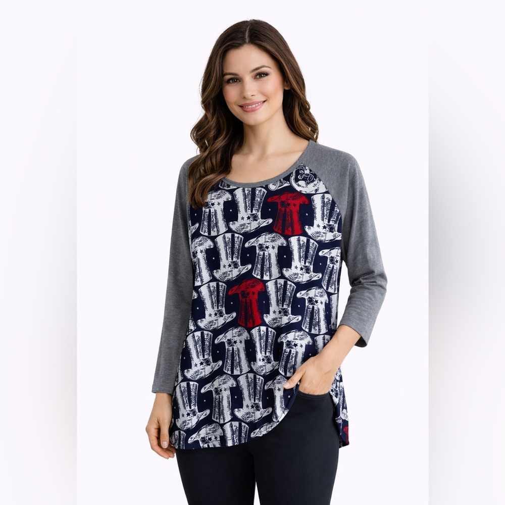 NWT LuLaRoe Gray and Blue Patriotic Print Top